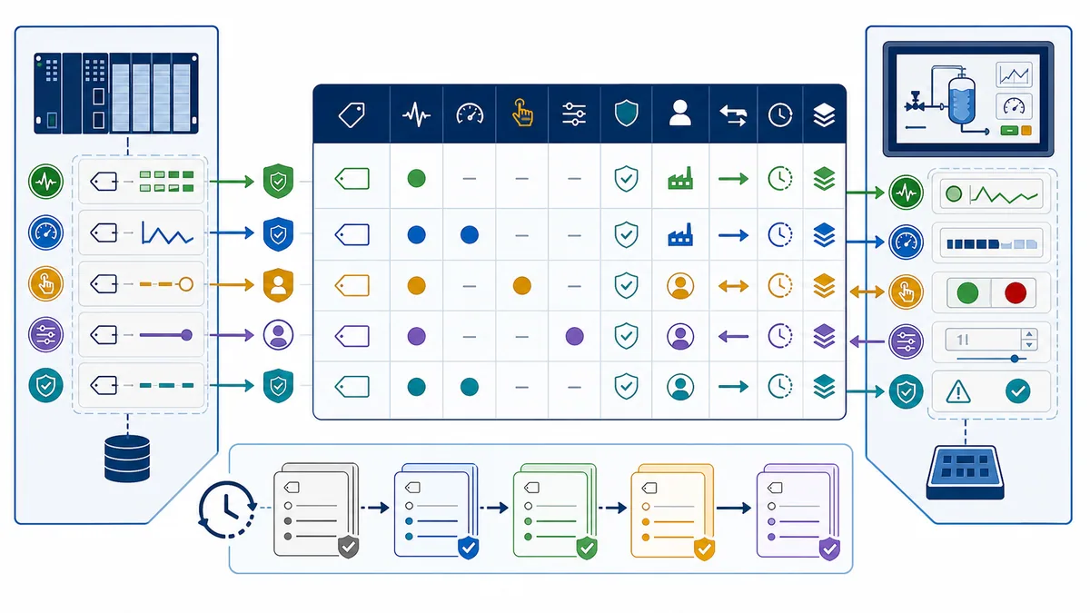 Versioned interface matrix linking PLC status measurement command setpoint quality ownership direction and revision fields to HMI objects