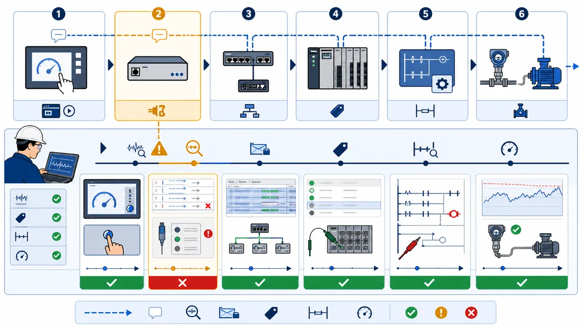 PLC–HMI diagnostic chain from screen object through driver network PLC interface and logic to field process with the first mismatched boundary highlighted