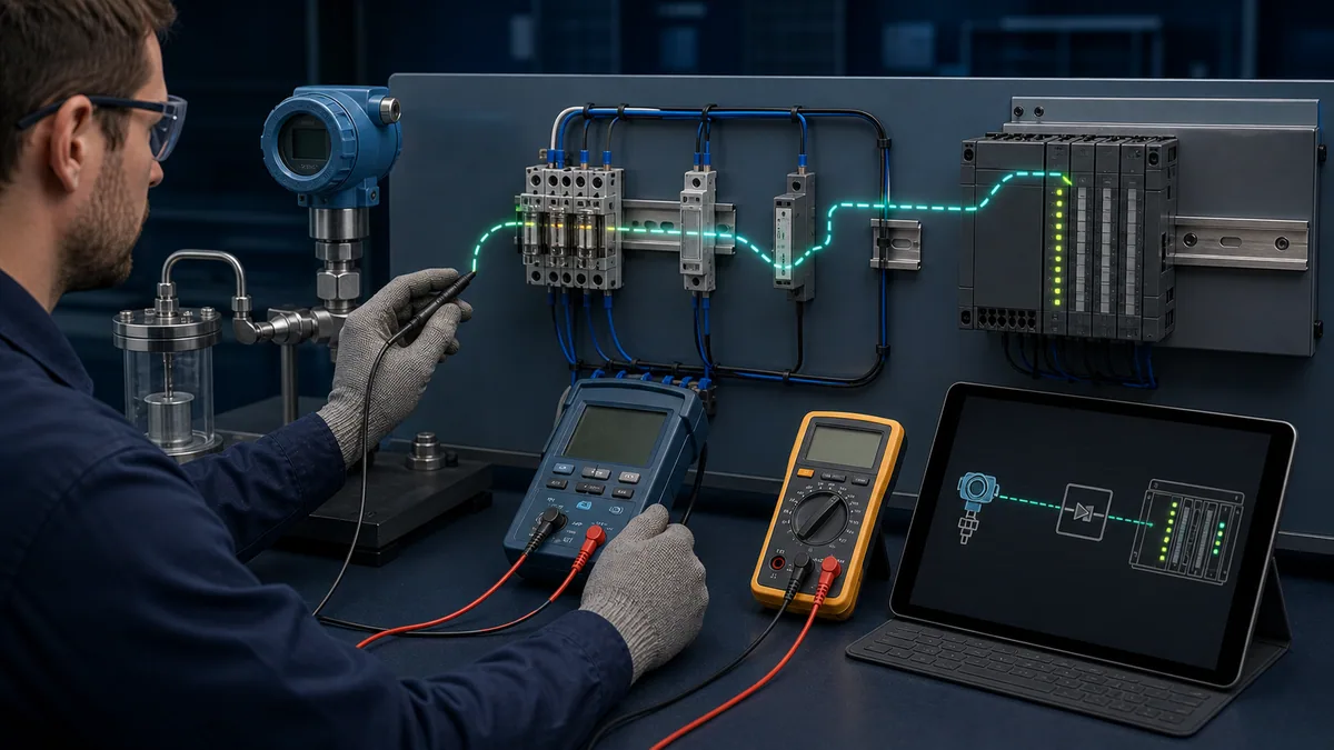 Technician using a loop calibrator and meter to test a two-wire transmitter through isolation and terminal blocks into a PLC analog input.