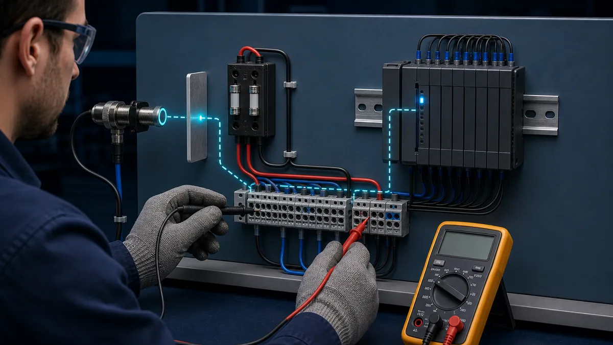 Low-voltage PLC digital input test bench tracing a proximity sensor signal through fused terminals to an input channel.