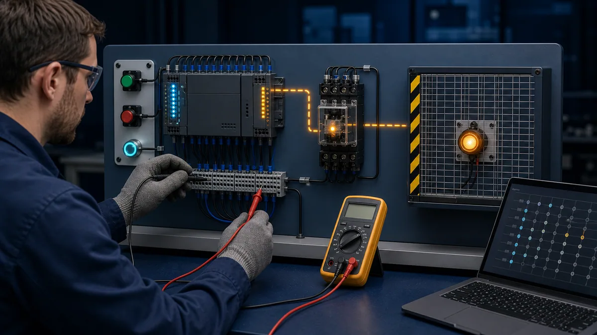 PLC digital output diagnostic bench separating the output module, interposing relay, and guarded pilot load.