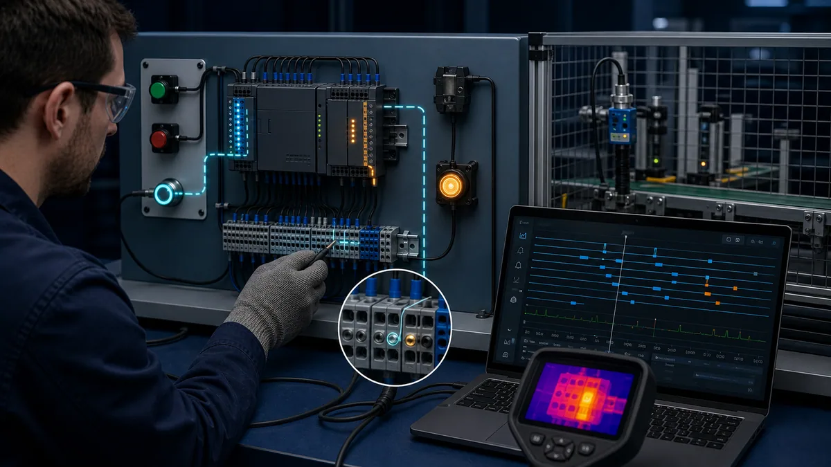 Intermittent PLC I/O investigation using time-aligned event history, terminal inspection, and thermal evidence on a guarded training rig.