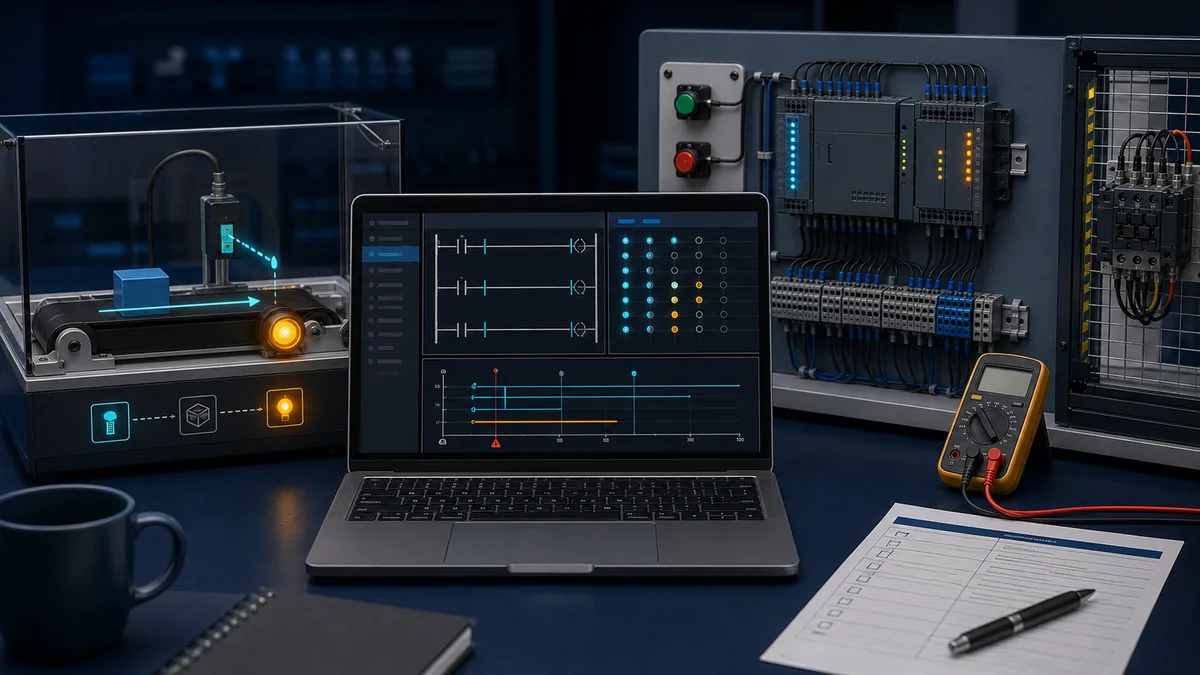 Browser PLC troubleshooting practice with ladder logic, I/O states, a fault timeline, and a separate physical commissioning checklist.
