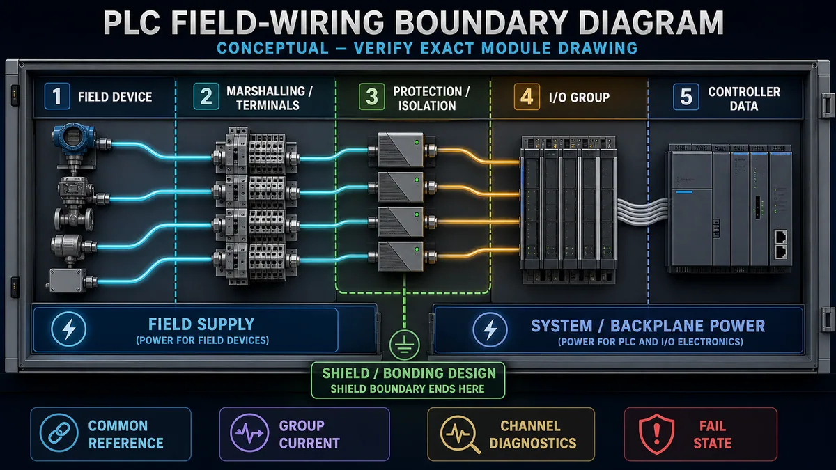 Conceptual PLC field wiring boundaries separating field devices terminals protection isolation I/O groups controller data and power domains