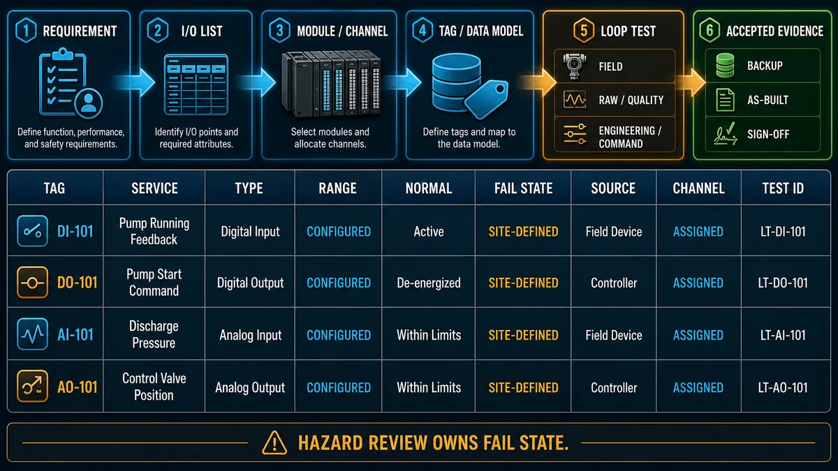 PLC I/O workflow from requirement and I/O list through module channel tag data model loop test and accepted evidence