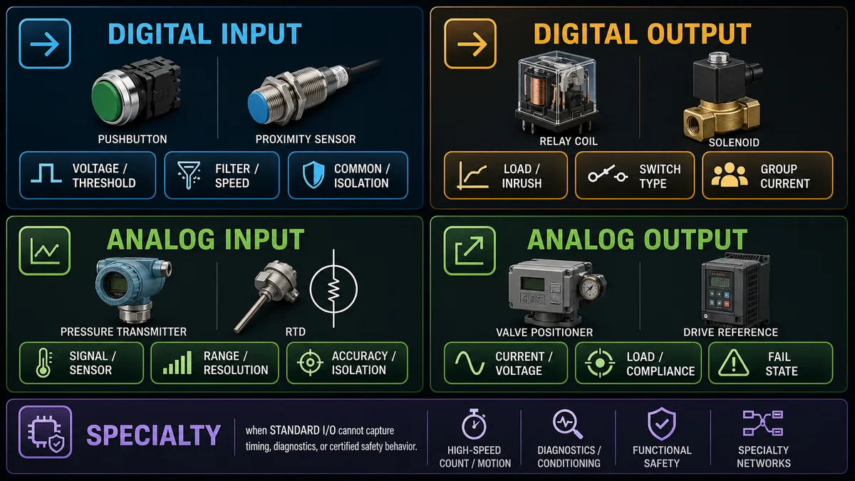Selection matrix for PLC digital input digital output analog input analog output and specialty I/O requirements