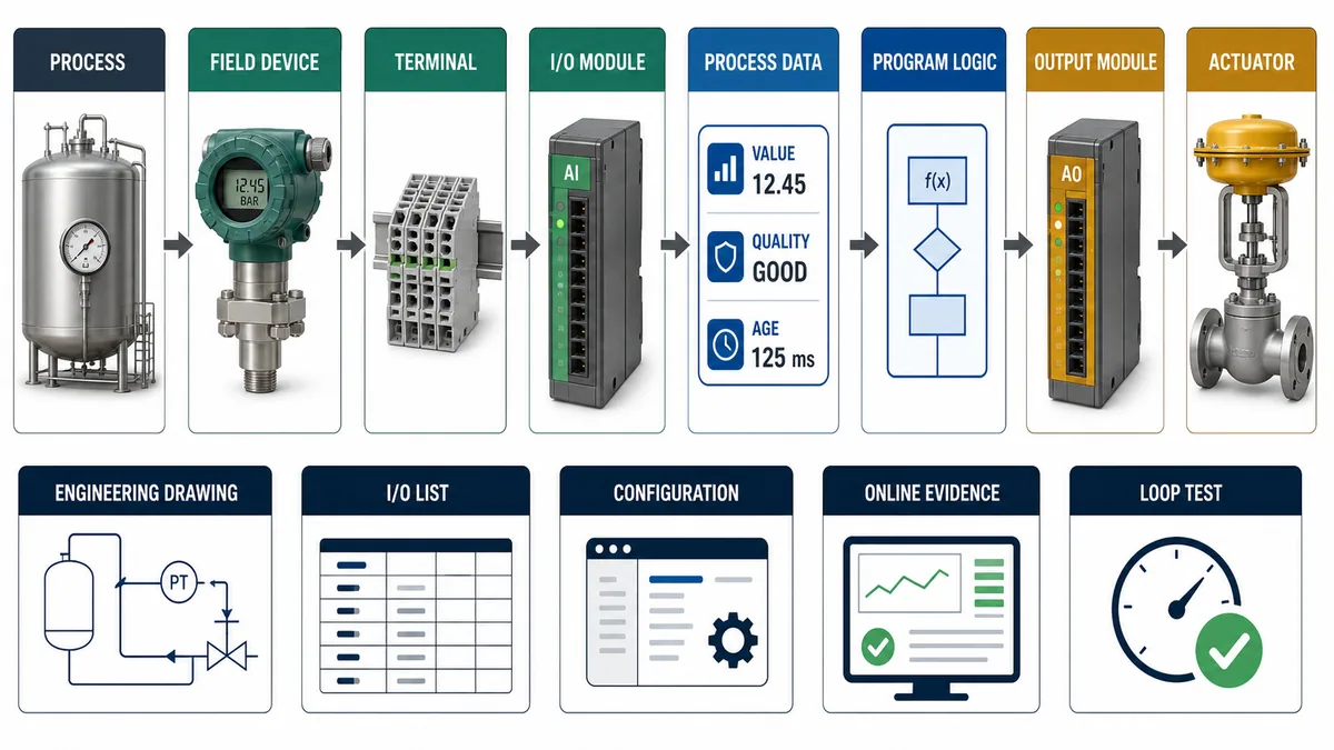 PLC analog I/O signal chain from process and transmitter through terminal module process data logic output module and control valve