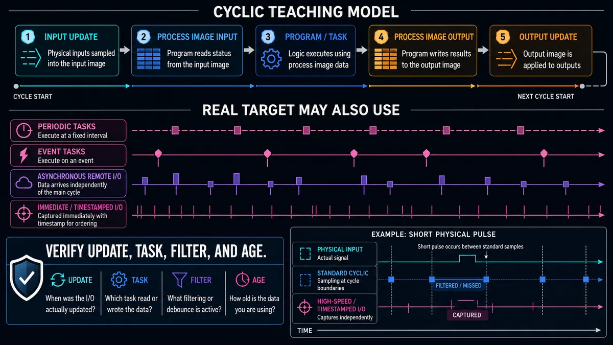 PLC I/O timing comparison between a cyclic process-image teaching model and periodic event asynchronous and timestamped I/O