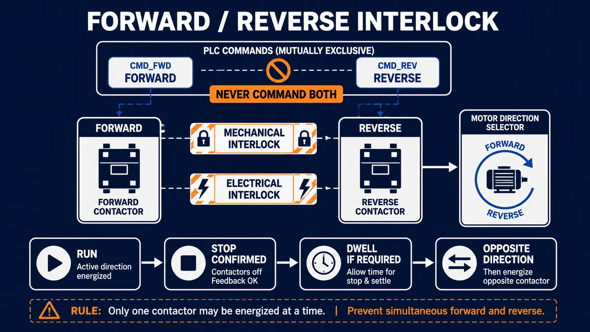 Conceptual forward and reverse motor-starter interlock showing mutually exclusive PLC commands, mechanical and electrical interlocks, stop confirmation and dwell