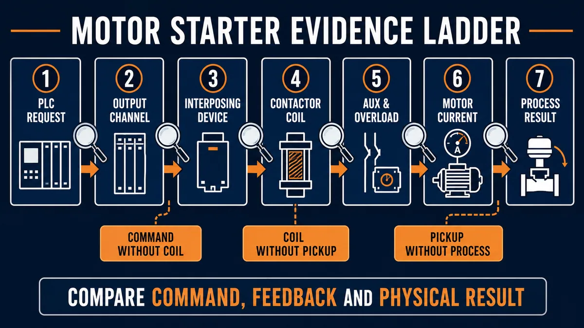 Motor-starter diagnostic evidence ladder from PLC request through output, interface, contactor coil, auxiliary and overload status, motor current and process result