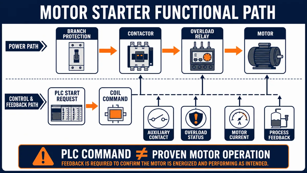 Conceptual motor-starter functional paths showing branch protection, contactor, overload relay and motor above PLC command and feedback signals