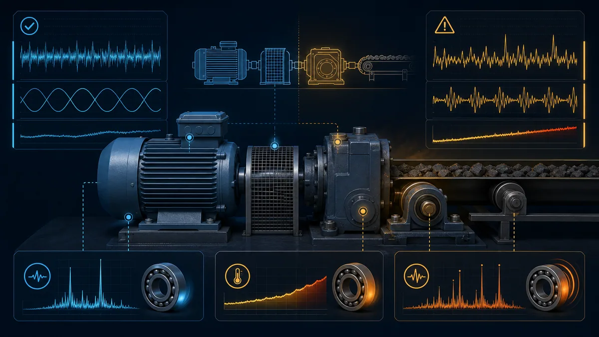 Guarded motor, coupling, gearbox and conveyor with current, vibration and temperature evidence separating electrical and mechanical faults