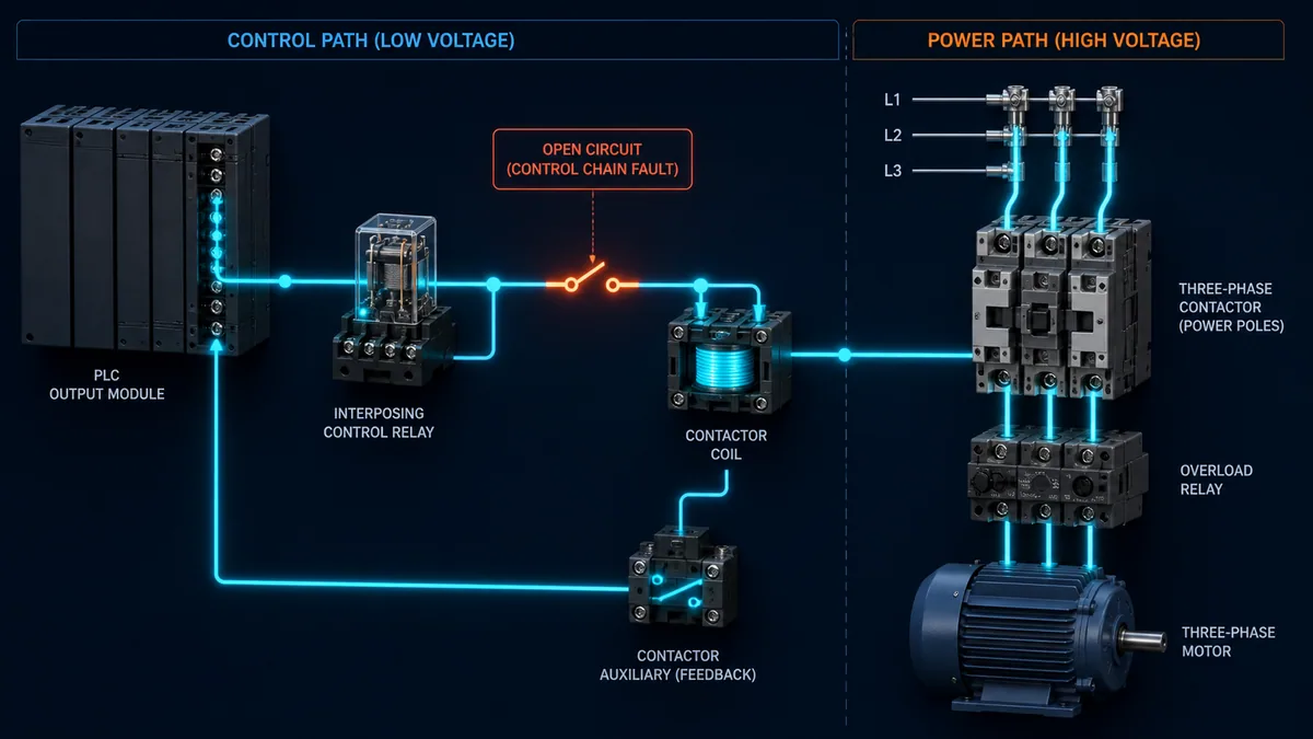Conceptual PLC direct-on-line motor starter with separate relay and contactor control path, main power path and feedback