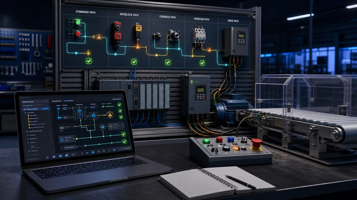 Browser-based PLC, VFD, motor and conveyor lab with injected command, interlock, feedback and drive faults