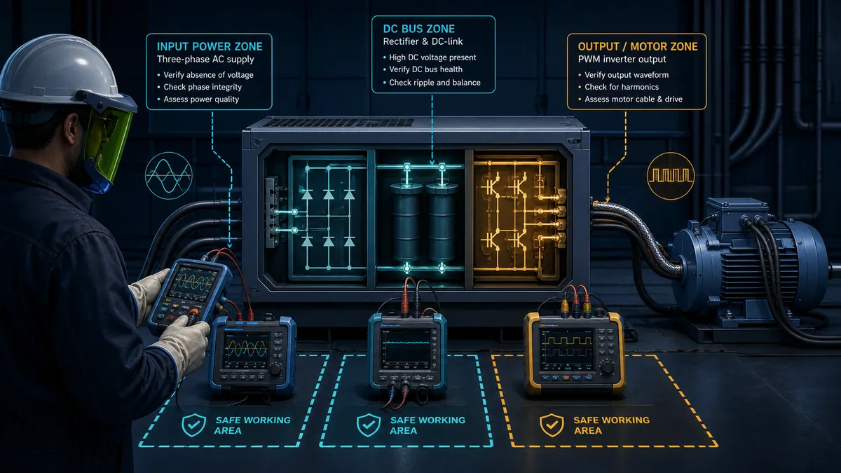 Qualified technician evaluating VFD input power, internal DC-link zone and PWM motor output with rated instruments