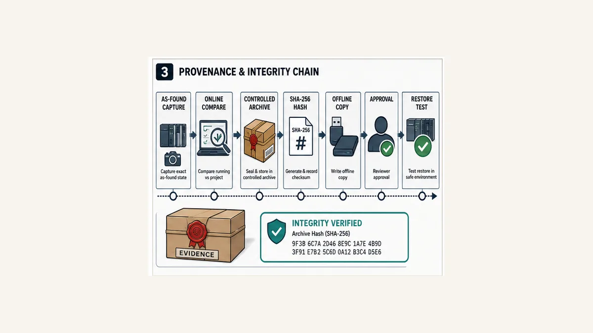 PLC backup provenance chain from as-found capture and online compare through controlled archive hash offline copy approval and restore test