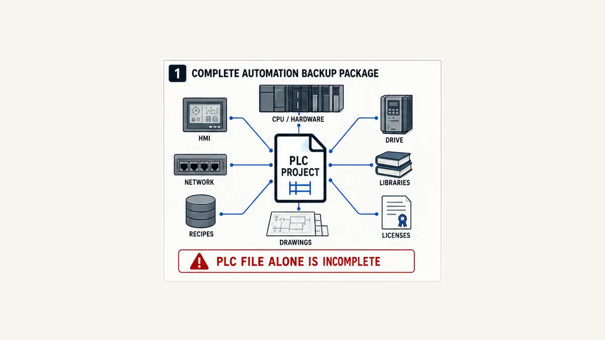 Complete automation recovery package with PLC project CPU hardware HMI drives network libraries recipes drawings and licenses