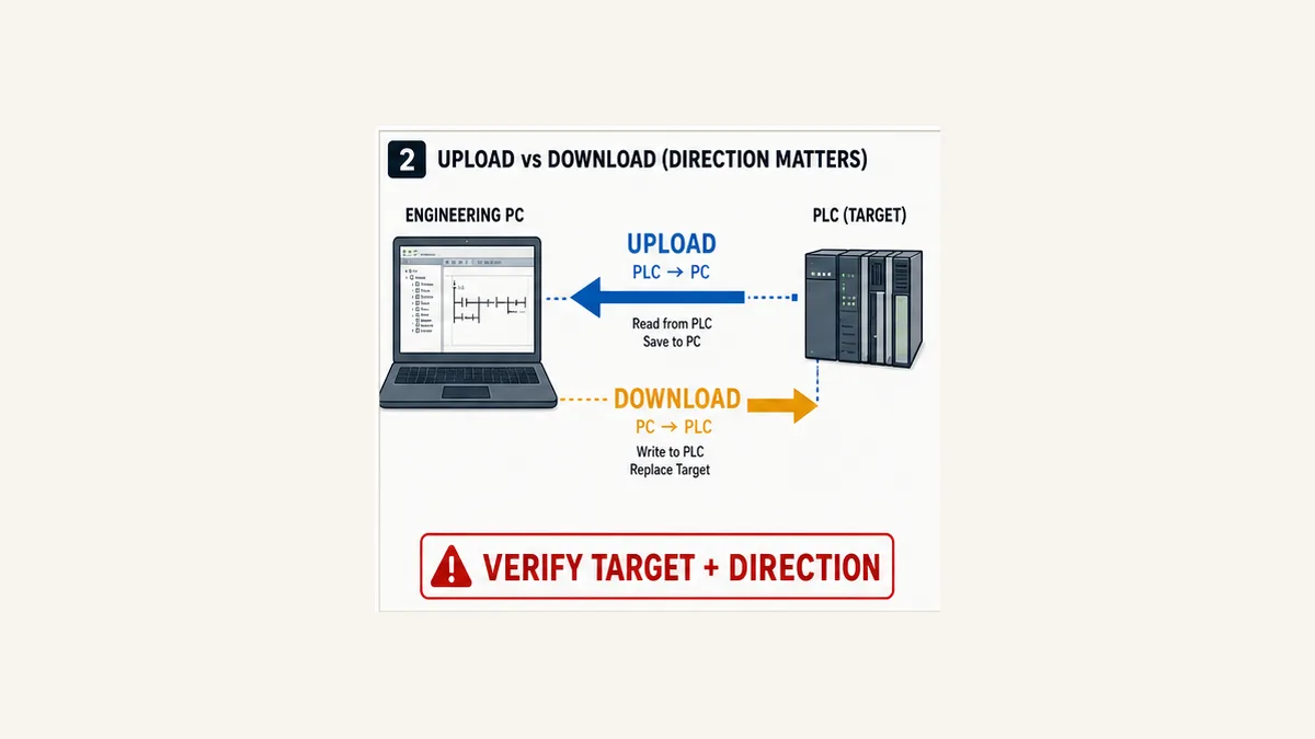 PLC upload from controller to engineering PC and download from engineering PC to PLC with target and direction warning