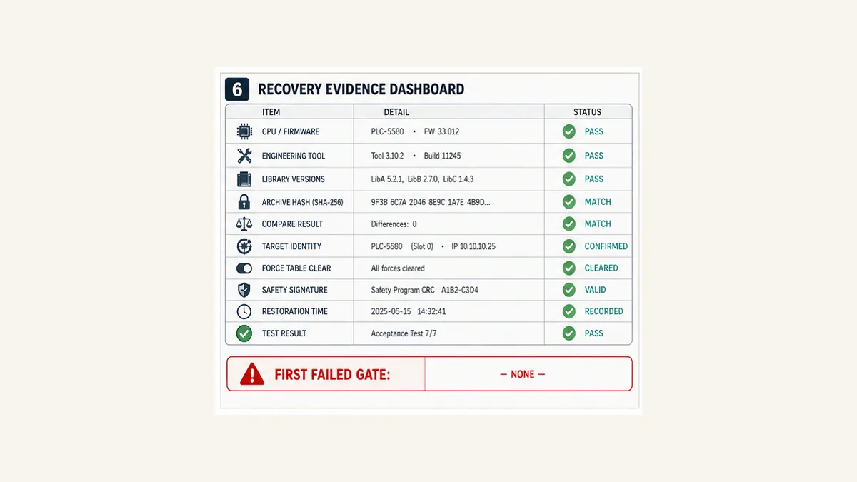 PLC recovery evidence dashboard with CPU firmware tool libraries archive hash compare target force safety restoration time and test status