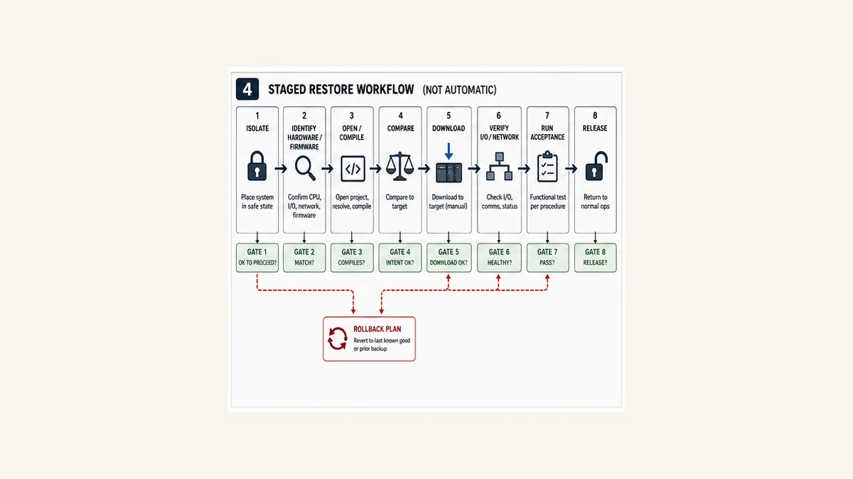 Staged PLC restore workflow with isolate identify open compile compare download verify acceptance release and rollback gates