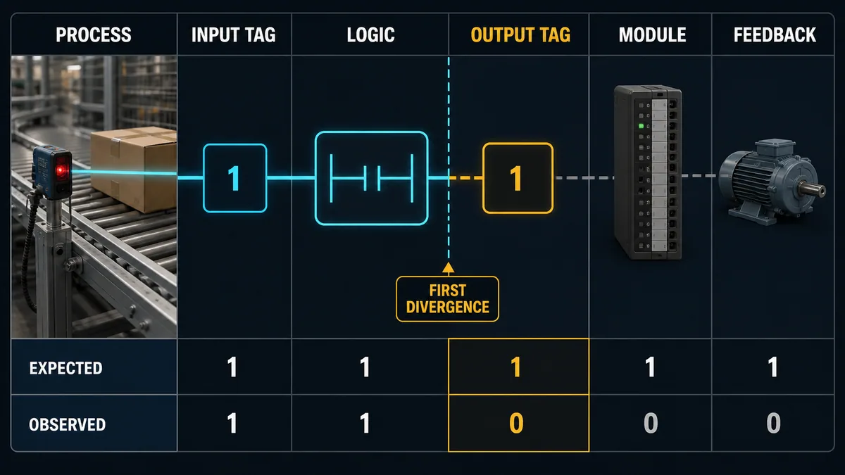 Expected and observed PLC signal chain highlighting the first divergence between evaluated logic and the output tag