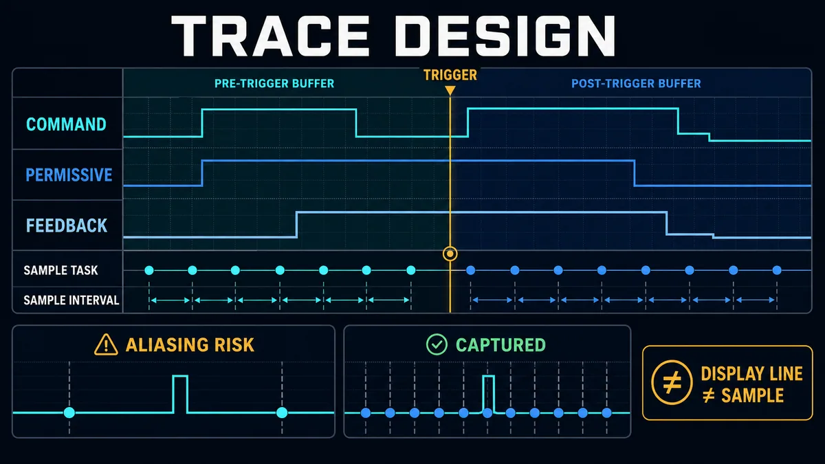 Triggered PLC trace design with command permissive feedback pre-trigger buffer sample interval and aliasing comparison