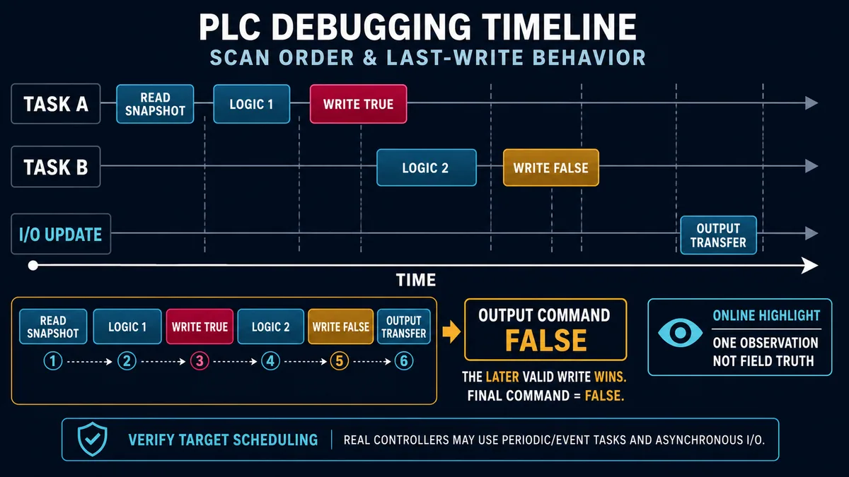 Conceptual PLC task timeline showing an earlier true write superseded by a later false write before output transfer