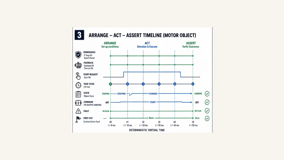 Arrange Act Assert timeline for PLC motor object with permissives feedback start request deterministic task ticks state command fault and first out assertions