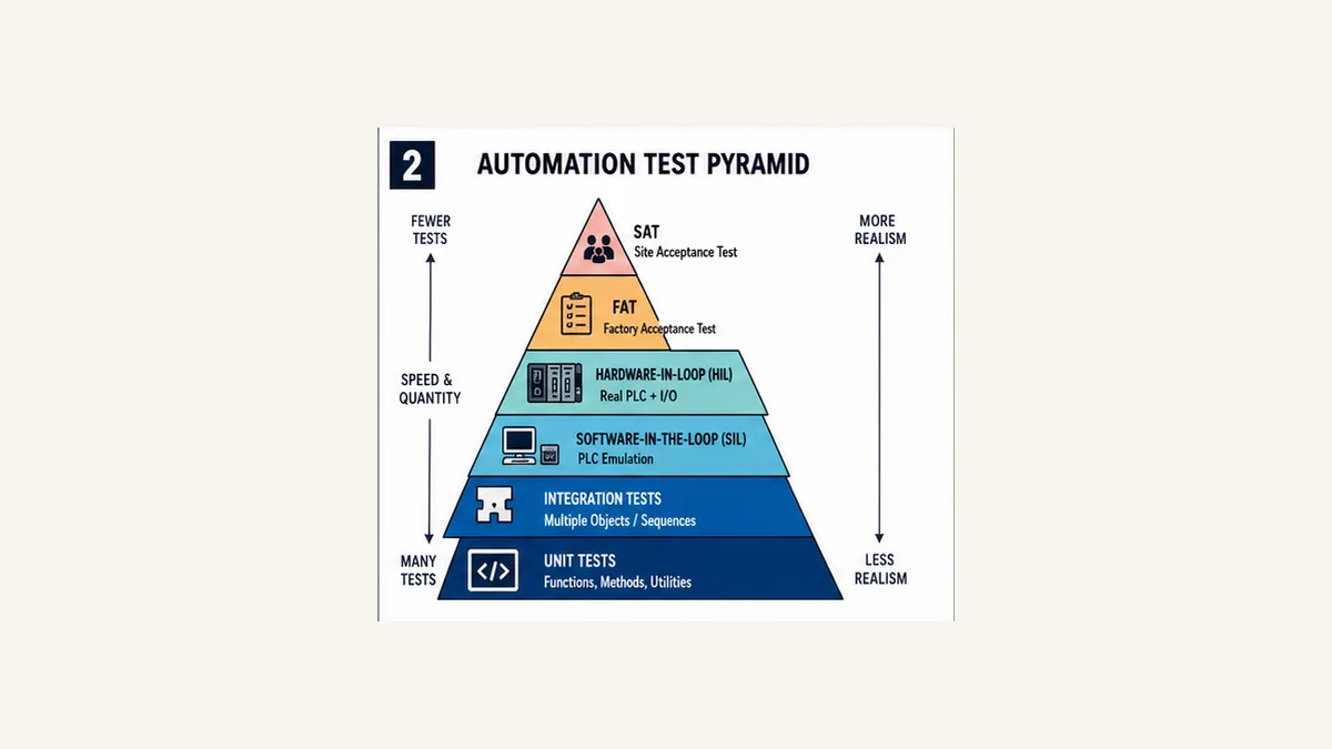 PLC automation test pyramid from many unit tests through integration software emulation hardware in loop FAT and SAT