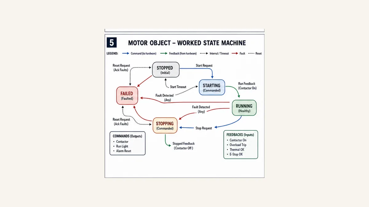 PLC motor state machine with Stopped Starting Running Stopping Failed command feedback timeout fault and reset transitions