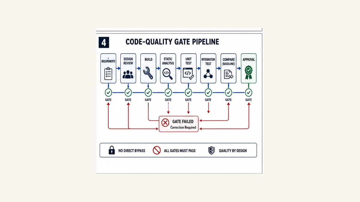 PLC code quality pipeline through requirements design review build static analysis unit integration baseline compare and approval