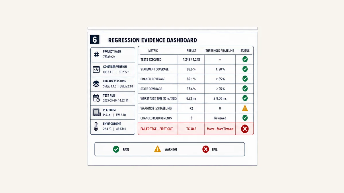 PLC regression evidence dashboard with project compiler libraries test coverage task time warnings requirements and first failed test