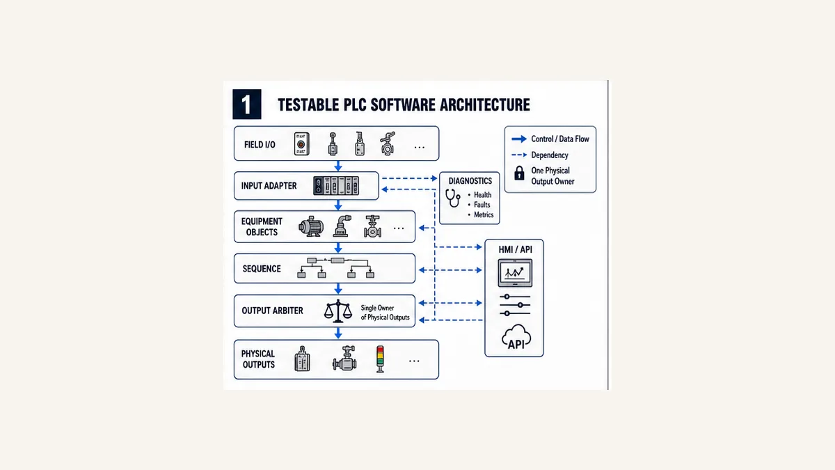 Testable PLC software architecture from field I O through input adapter equipment objects sequence and single output arbiter with diagnostics and HMI