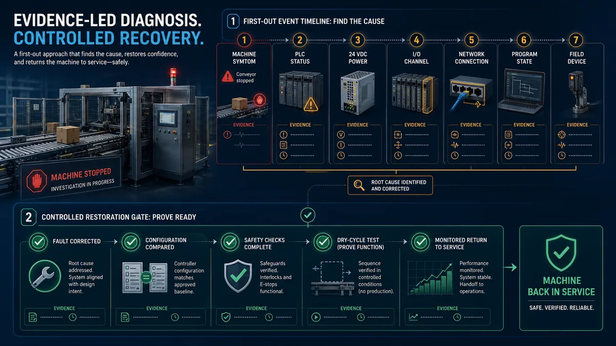 Evidence-led PLC diagnosis timeline followed by controlled restoration gates for correction, baseline comparison, safety checks, dry-cycle test and monitored return