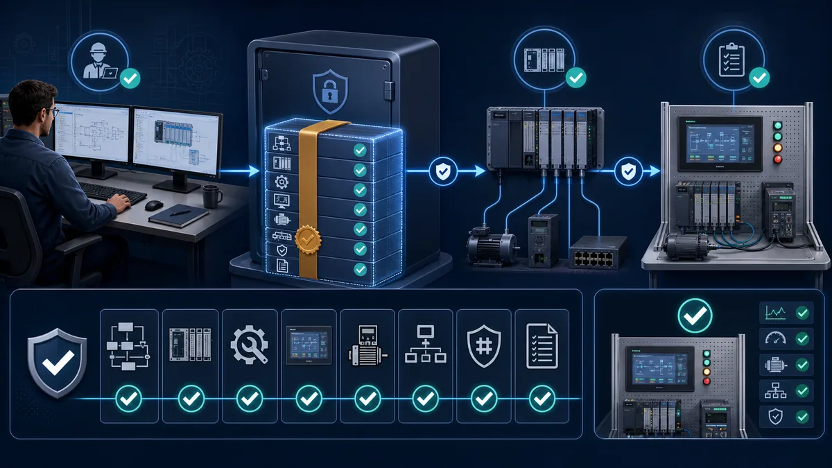 Protected PLC golden backup package flowing from engineering source through integrity checks to a staged restore test bench