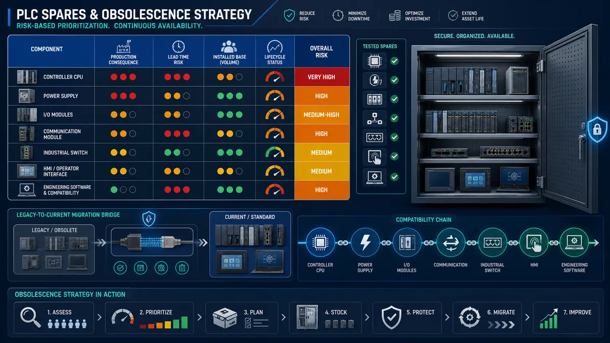 PLC spare-parts and obsolescence risk matrix with tested modules, secure storage, compatibility chain and legacy migration path