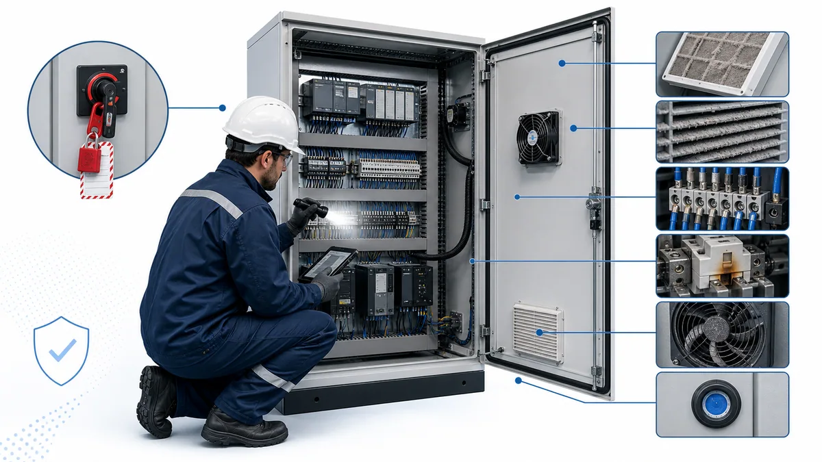 Authorized technician visually inspecting a safely isolated PLC cabinet for filter blockage, loose conductors, discoloration, fan condition and moisture