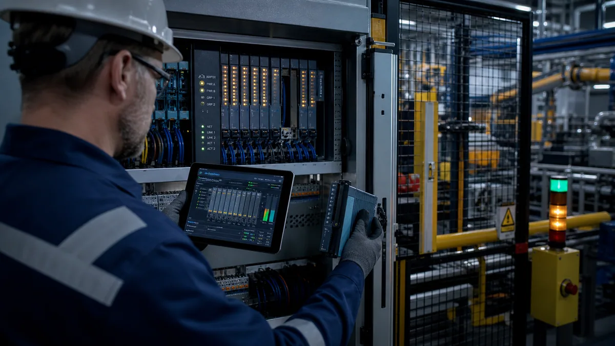 Technician comparing expected remote I O module order and identity while validating diagnostics and a replacement module