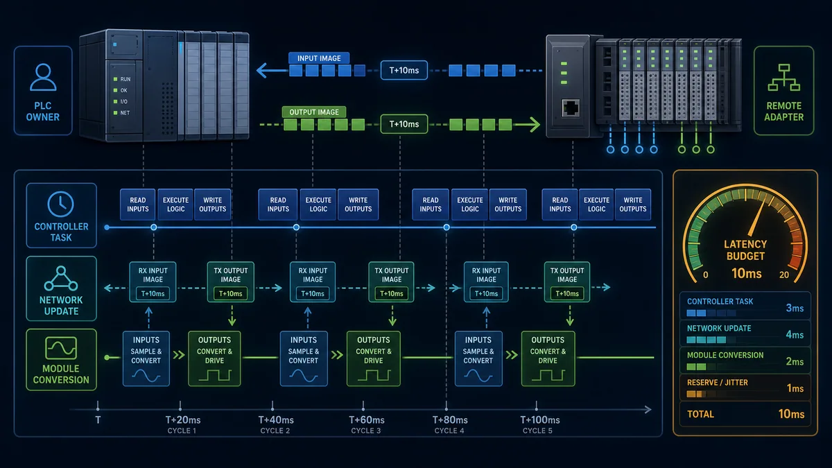 Conceptual PLC remote I O latency budget aligning module conversion network update input and output images and controller task