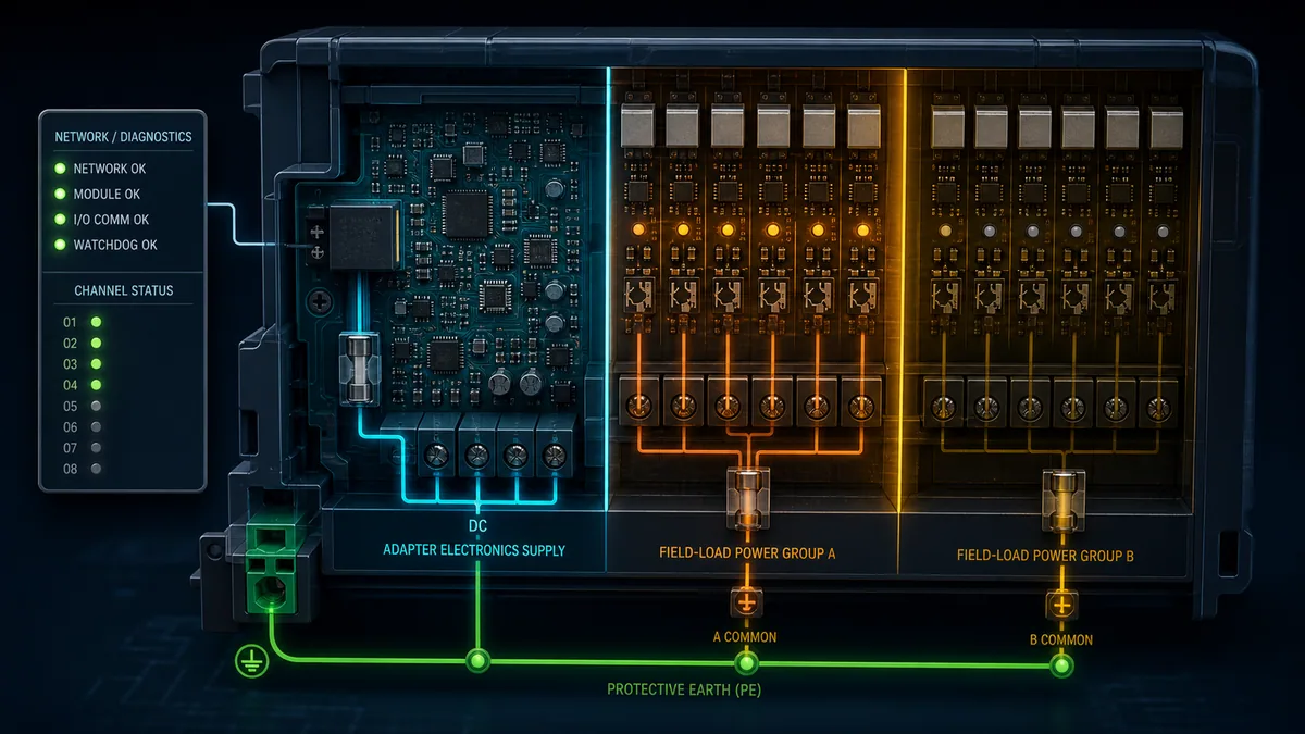 Conceptual remote I O station with separate adapter electronics supply and two protected field-load potential groups
