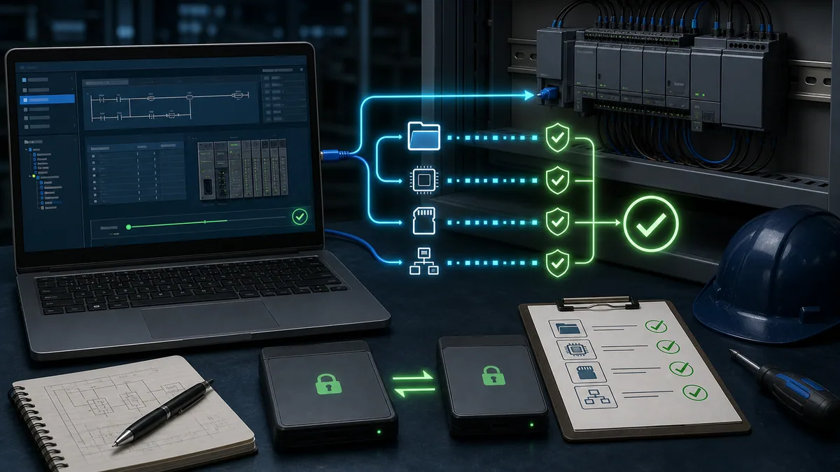 Verified PLC project, firmware, network and memory-card backups copied to controlled secure recovery media