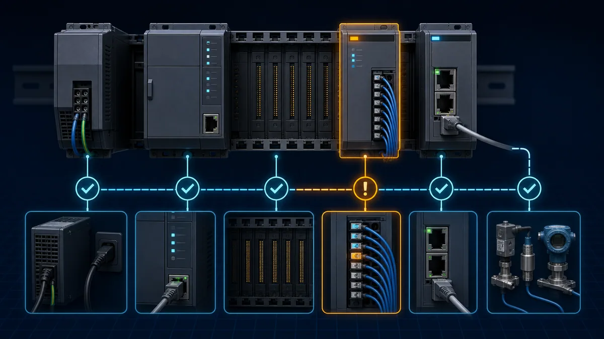 Modular PLC rack divided into power supply, CPU, backplane, I O, communications and field-wiring diagnostic zones