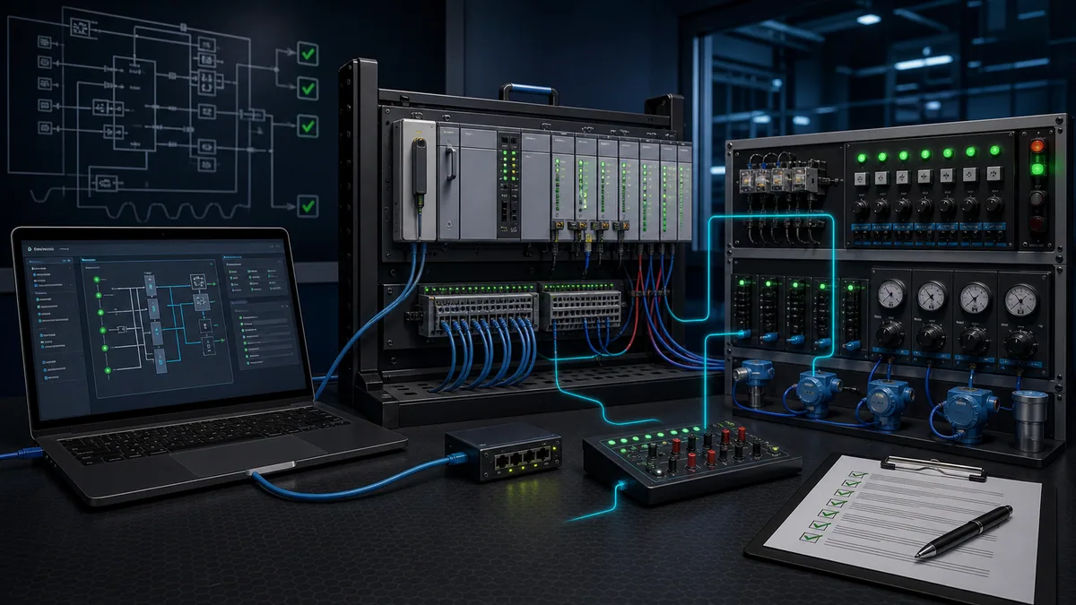 Repaired PLC module in an isolated test rack connected to simulated digital, analog and Ethernet loads