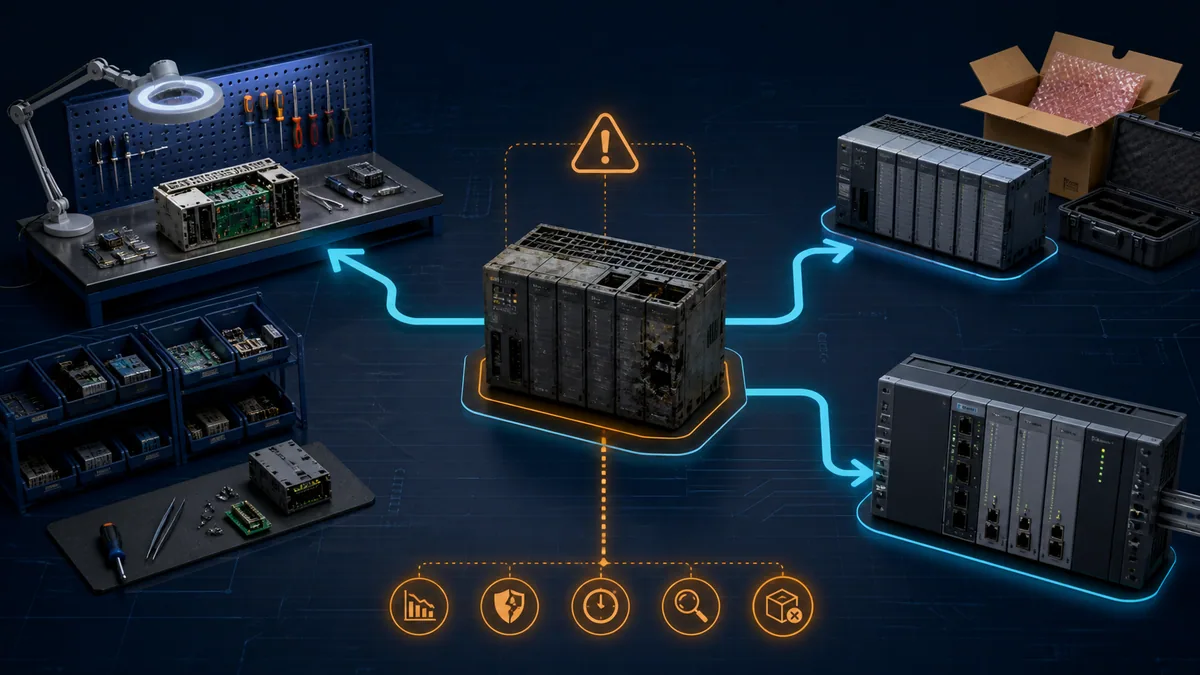 Failed legacy PLC branching toward professional repair, tested exchange hardware or a modern controller migration