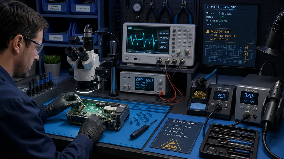 Qualified technician inspecting a PLC circuit board at an ESD-controlled bench with microscope, scope and limited test fixtures