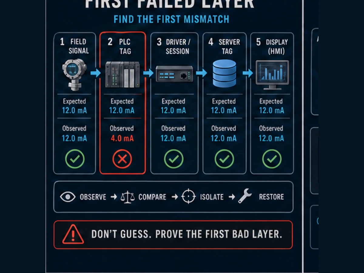Original editorial SCADA troubleshooting ladder from process and PLC through communications tag quality alarm history and operator client