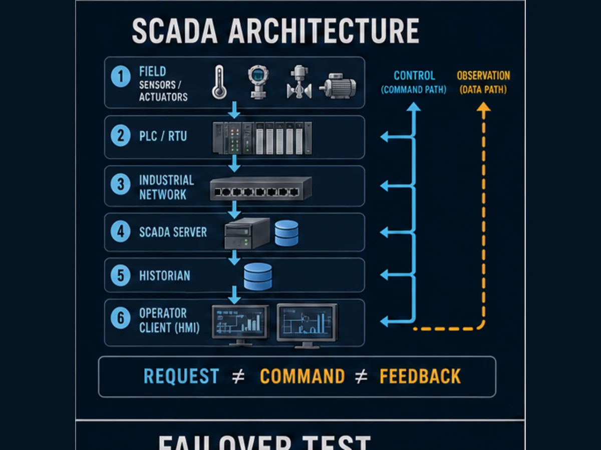SCADA interview architecture from field sensors and actuators through PLC or RTU network server historian and HMI client with separate command and observation paths