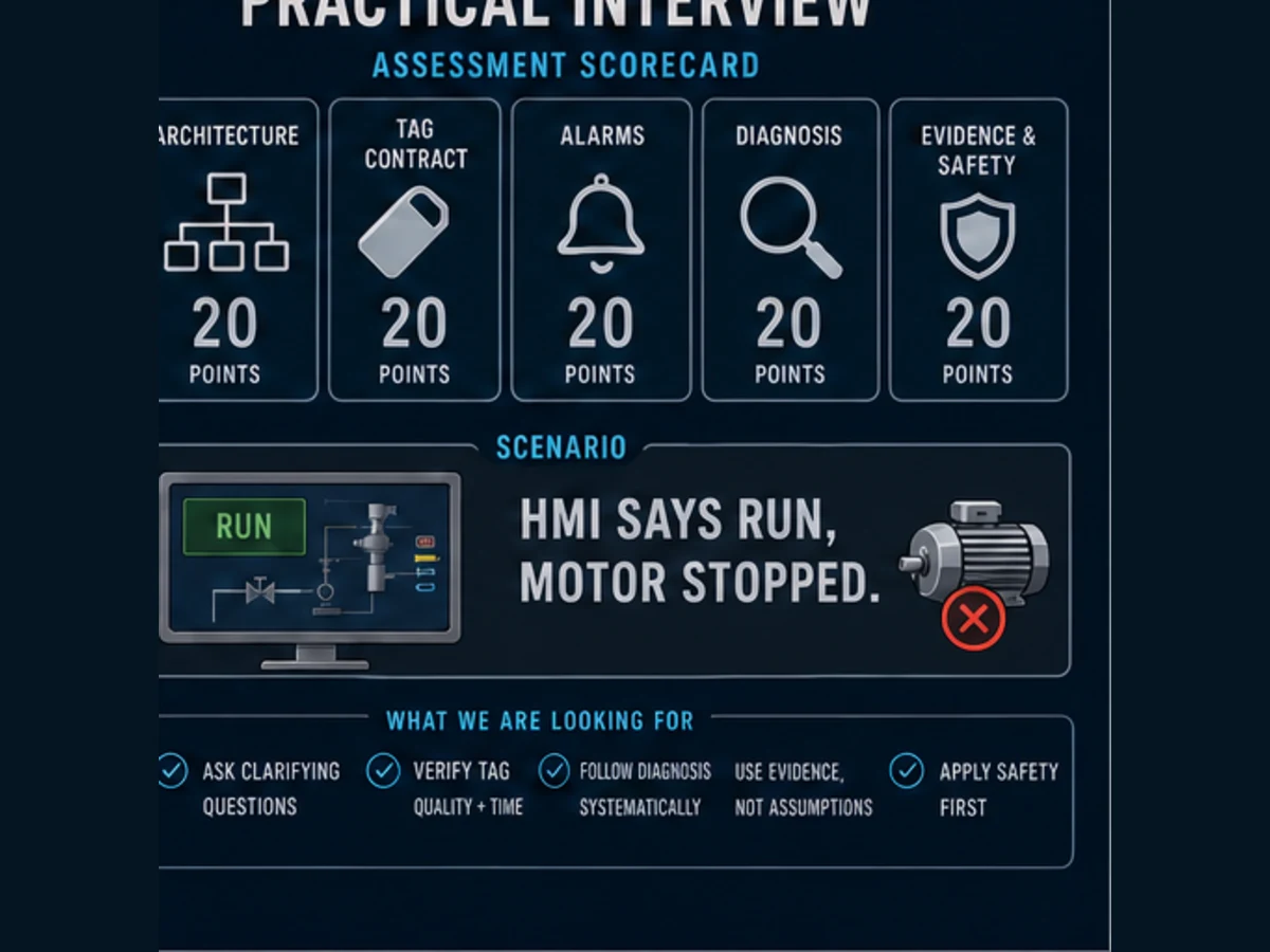 PLC and SCADA practical interview scorecard with architecture tag contract alarms diagnosis evidence and safety categories for an HMI says Run motor stopped scenario