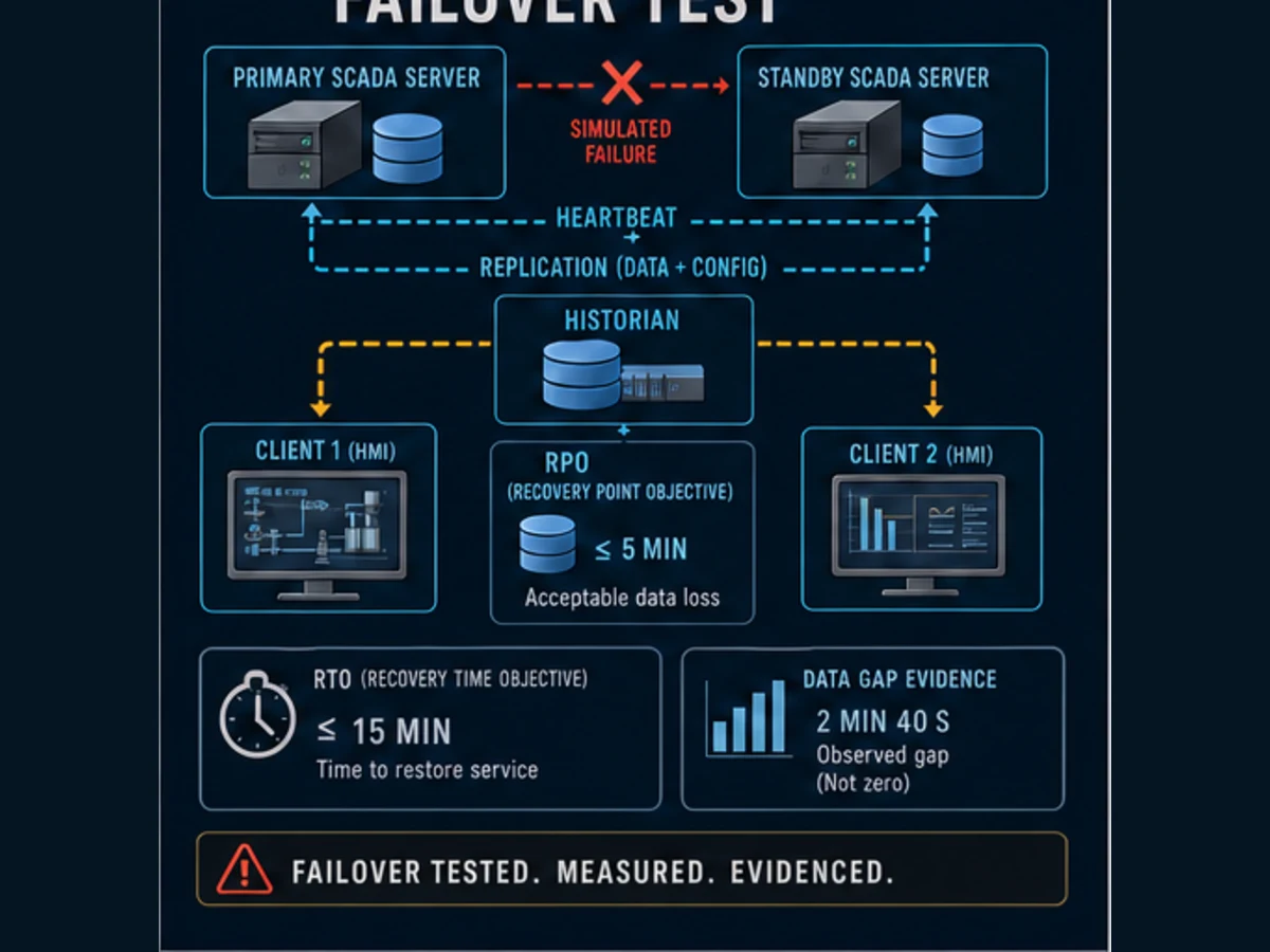 SCADA redundancy failover test with primary and standby server historian clients heartbeat replication RTO RPO and a measured nonzero data gap