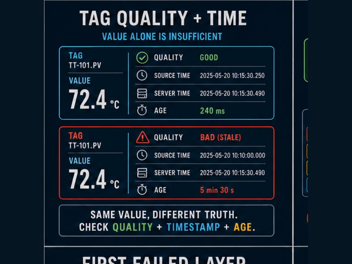 Original editorial SCADA trend preserving value quality source timestamp server timestamp data age and historical gap evidence